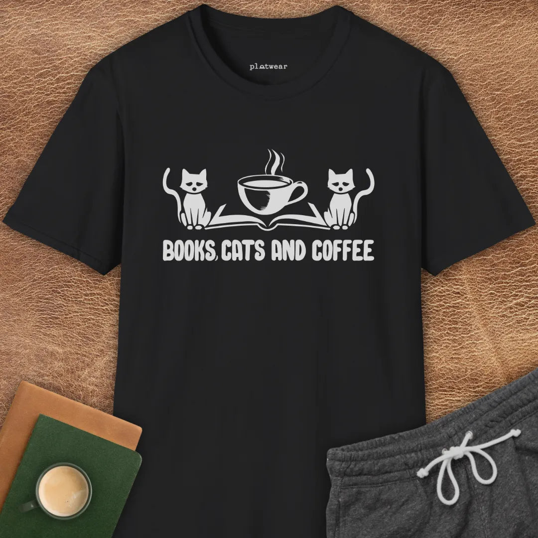 BOOKS, CATS AND COFFEE T-SHIRT