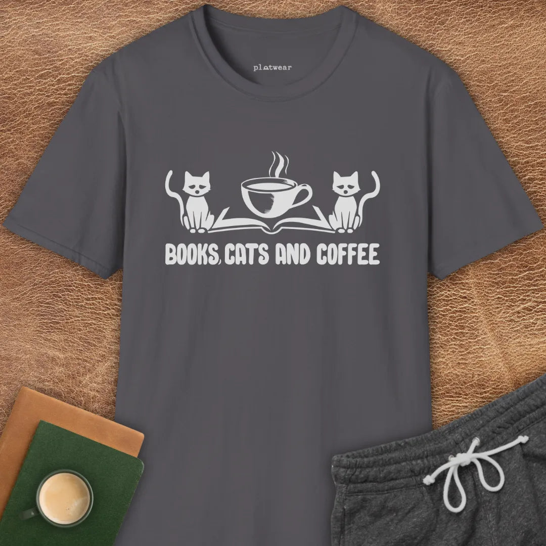 BOOKS, CATS AND COFFEE T-SHIRT