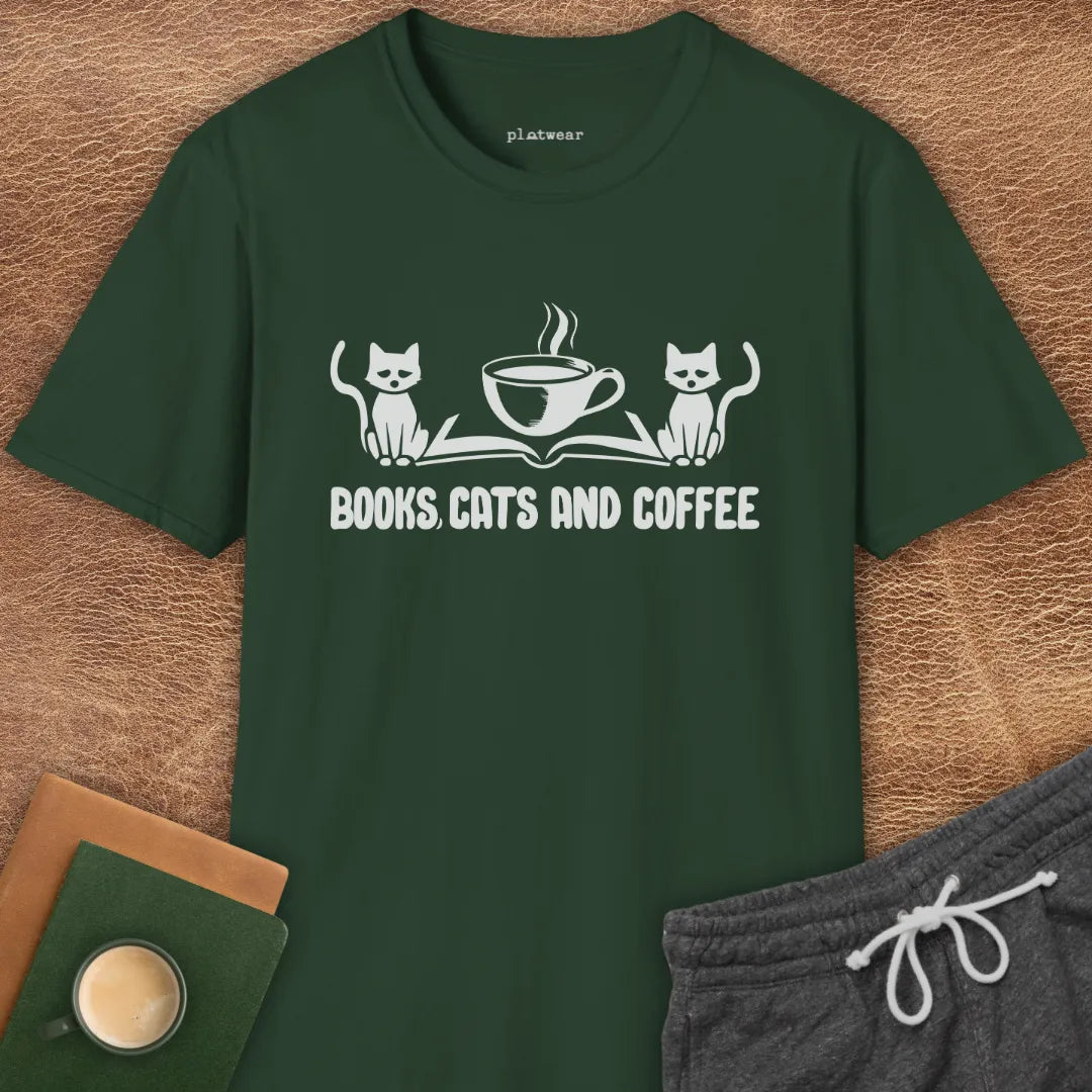 BOOKS, CATS AND COFFEE T-SHIRT