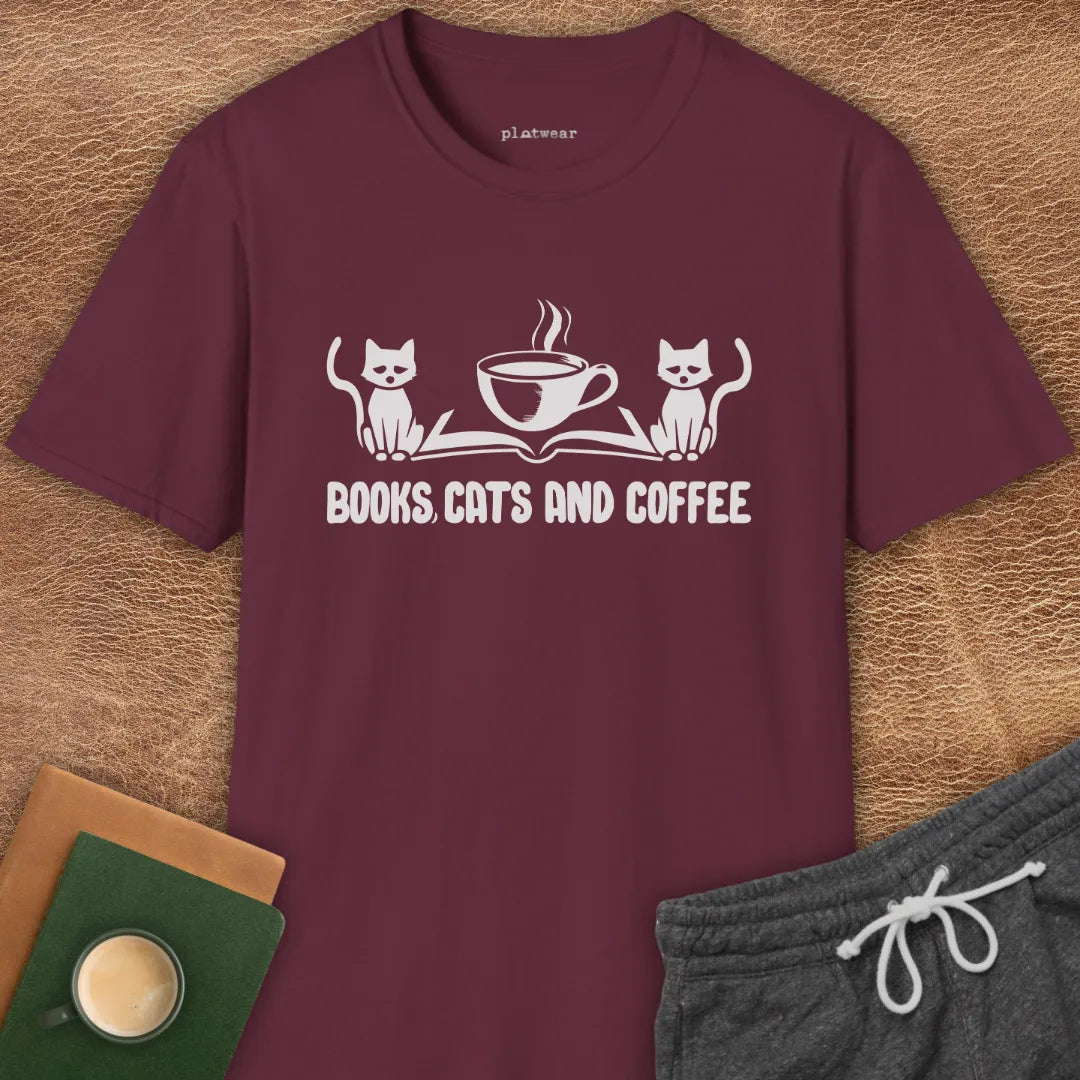 BOOKS, CATS AND COFFEE T-SHIRT