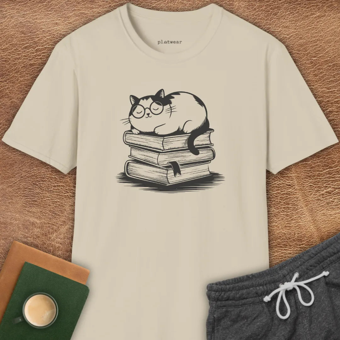 CAT ON BOOKS T-SHIRT