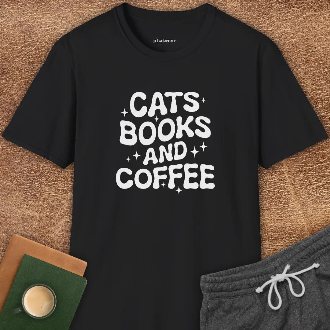 CATS, BOOKS & COFFEE T-SHIRT