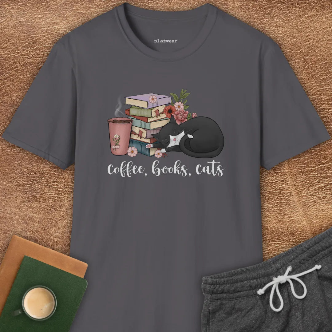 COFFEE, BOOKS, CATS T-SHIRT