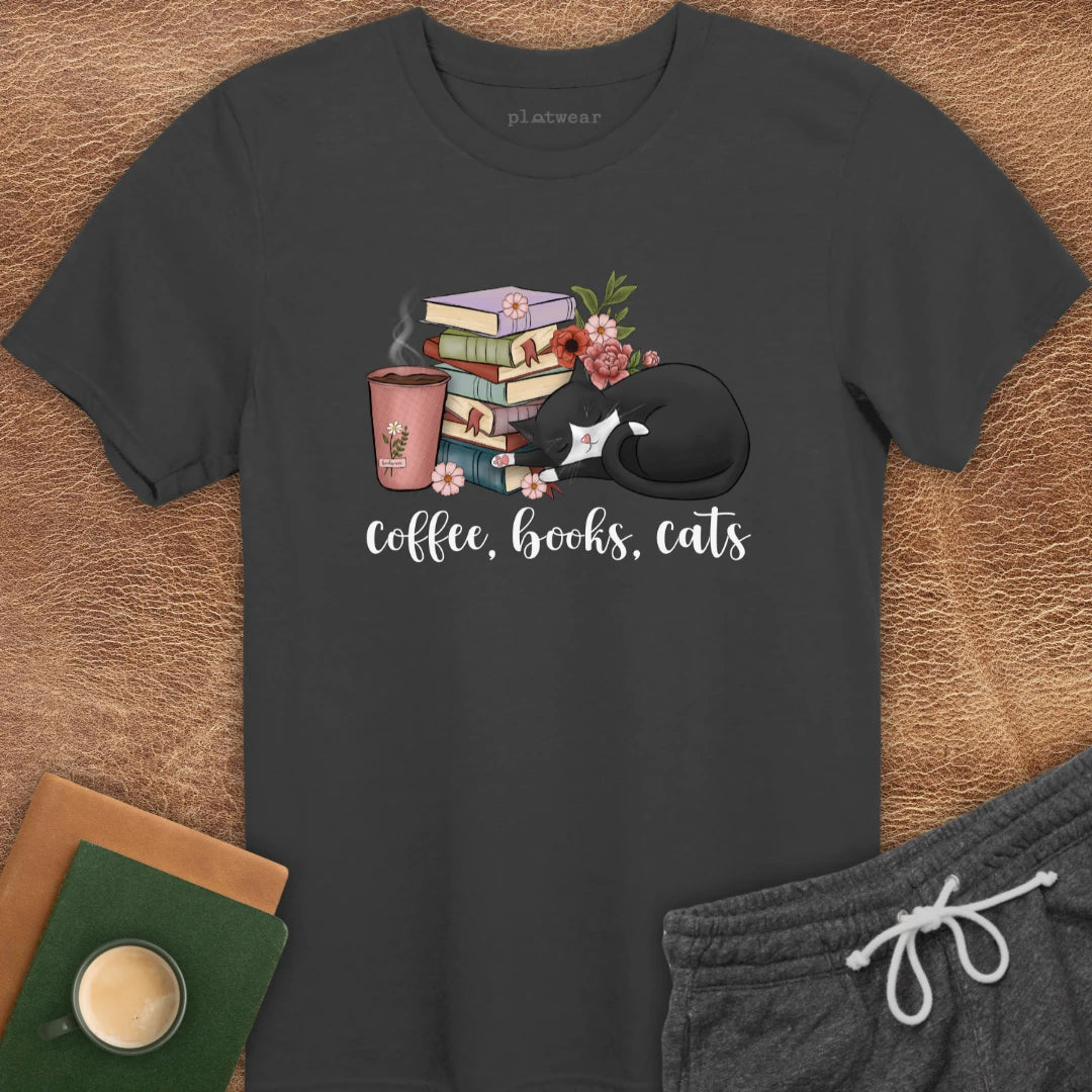 COFFEE, BOOKS, CATS T-SHIRT