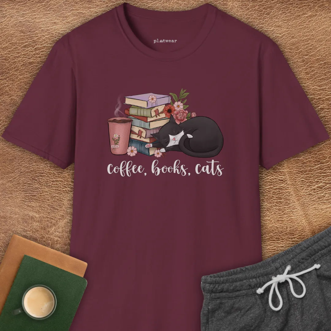 COFFEE, BOOKS, CATS T-SHIRT