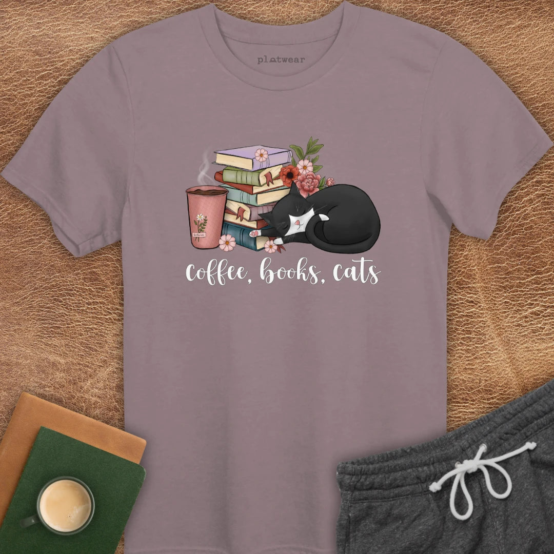 COFFEE, BOOKS, CATS T-SHIRT