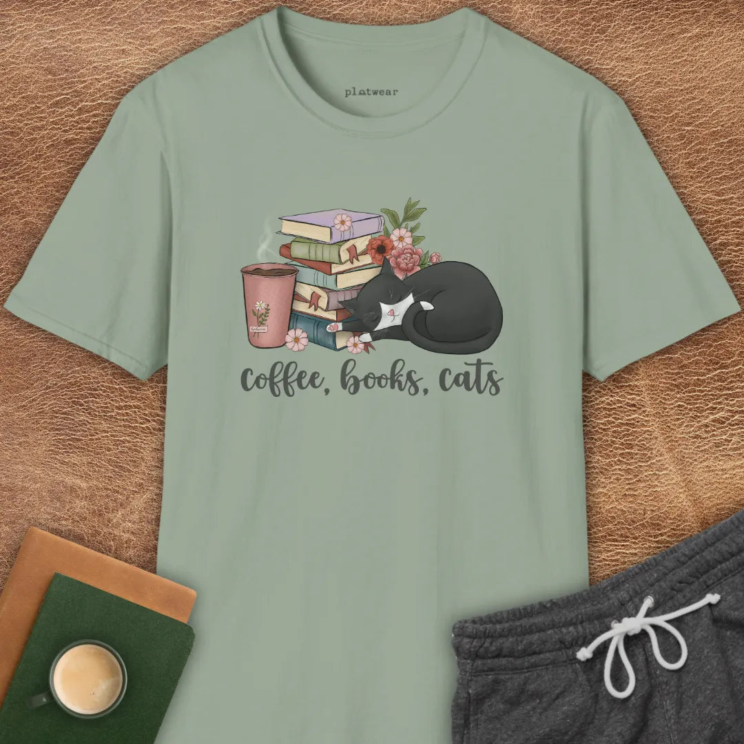 COFFEE, BOOKS, CATS T-SHIRT