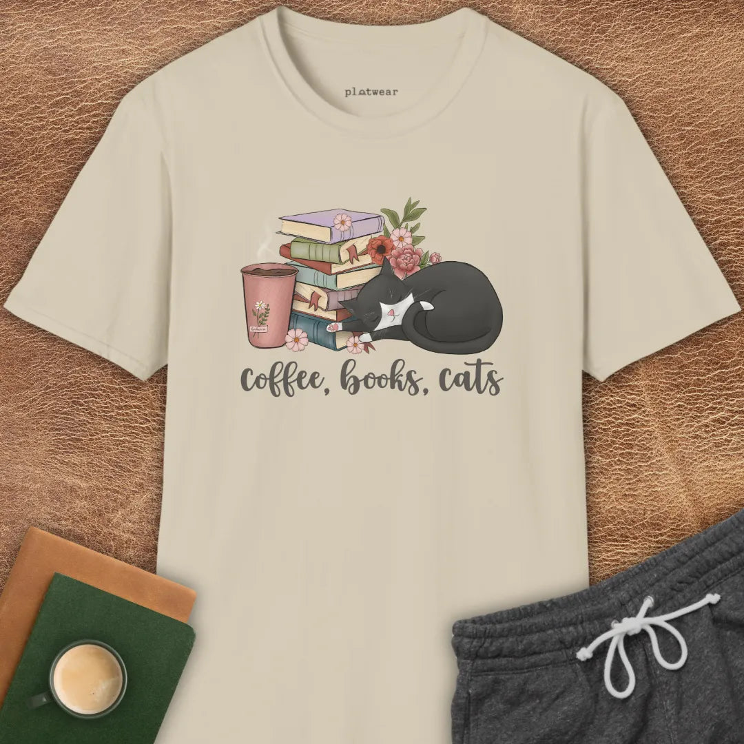 COFFEE, BOOKS, CATS T-SHIRT