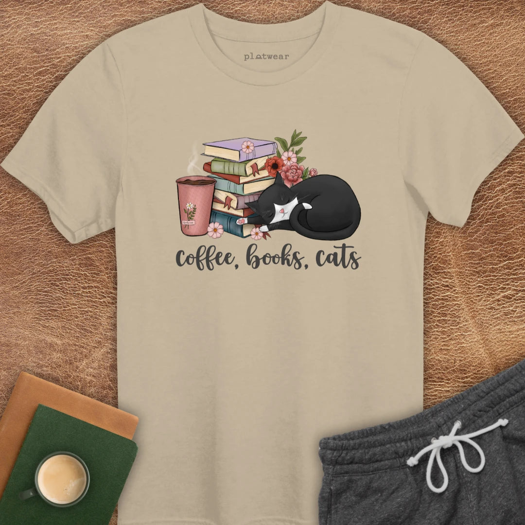 COFFEE, BOOKS, CATS T-SHIRT