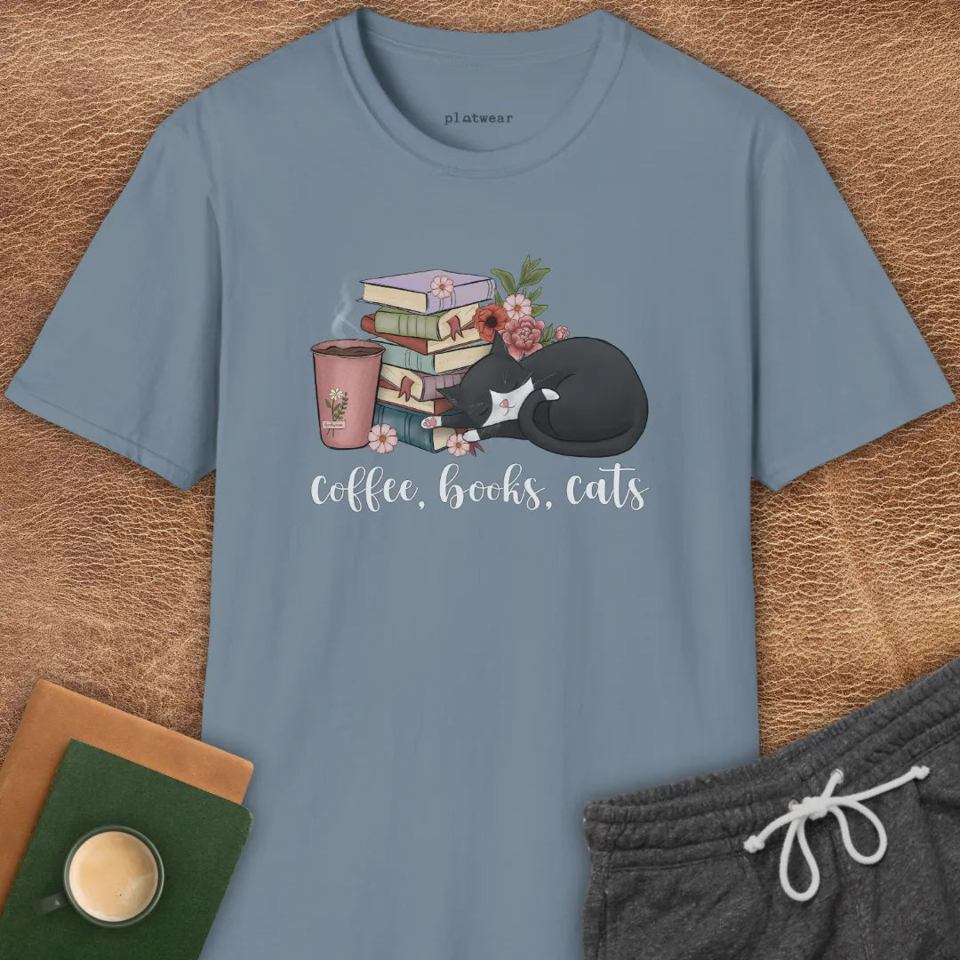 COFFEE, BOOKS, CATS T-SHIRT