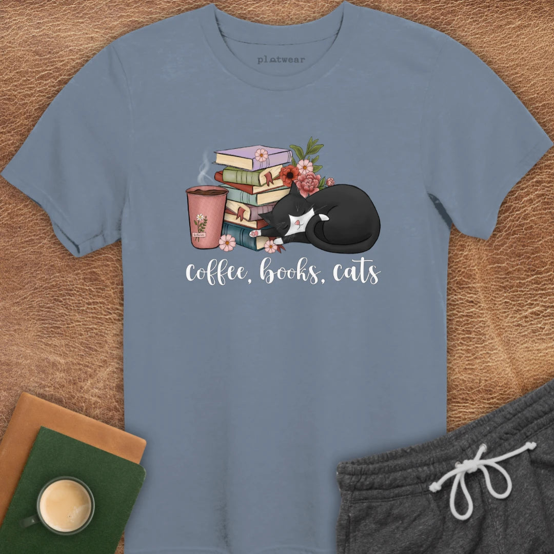 COFFEE, BOOKS, CATS T-SHIRT