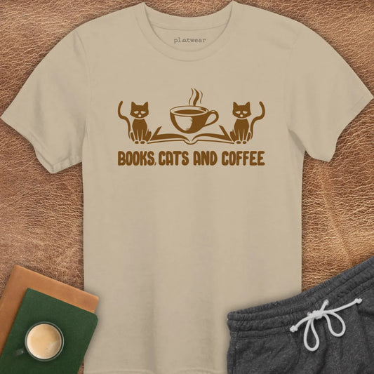 BOOKS, CATS AND COFFEE T-SHIRT