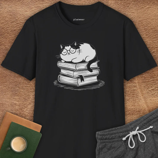 CAT ON BOOKS T-SHIRT
