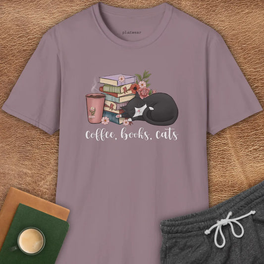 COFFEE, BOOKS, CATS T-SHIRT