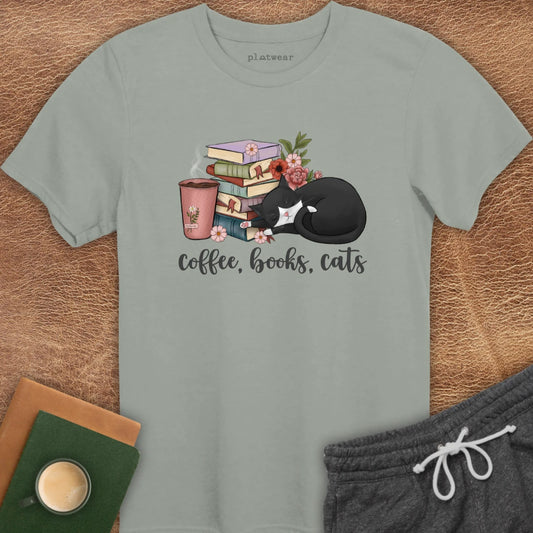 COFFEE, BOOKS, CATS T-SHIRT