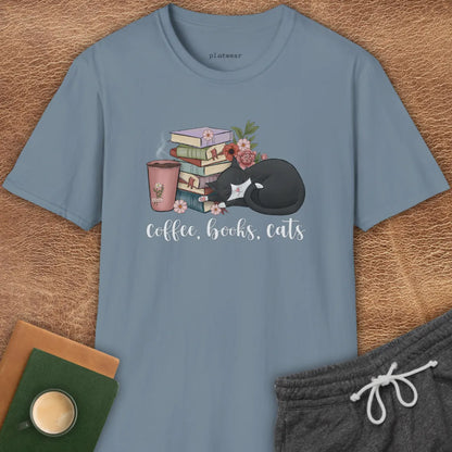 COFFEE, BOOKS, CATS T-SHIRT